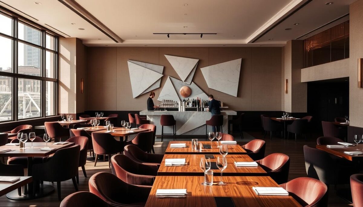 A high-end restaurant interior with a modern, minimalist design. A large, floor-to-ceiling window in the foreground provides ample natural light, illuminating the sleek, polished wood tables and plush, velvet-upholstered chairs. In the middle ground, a central bar made of white marble and brass accents serves as the focal point, with a team of skilled bartenders preparing custom cocktails. The background features a series of abstract, geometric wall art pieces, casting interesting shadows and creating a sense of depth. The overall atmosphere is warm, inviting, and sophisticated, with a hint of luxurious elegance.