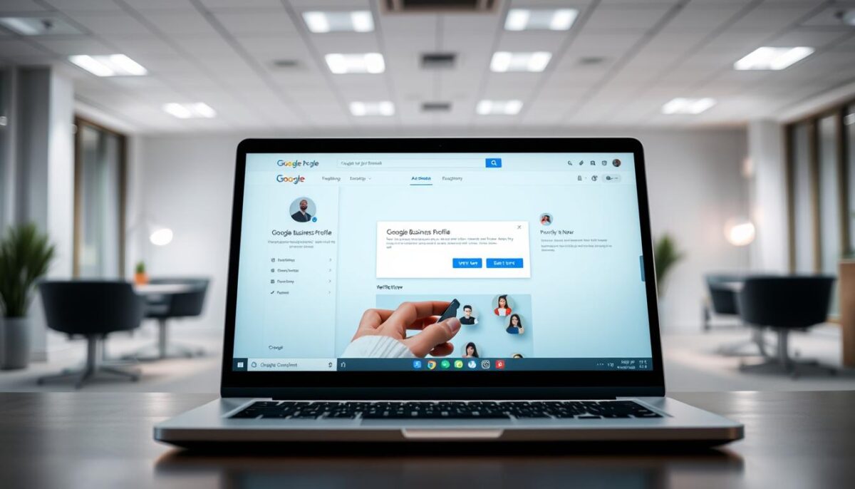 A high-quality, detailed image of a Google Business Profile verification process. The foreground features a laptop screen displaying the Google Business Profile dashboard, with a prominent "Verify Now" button. The middle ground shows a person's hands interacting with the laptop, representing the user's engagement with the verification process. The background depicts a minimalist office setting, with modern furniture and neutral tones, creating a professional and streamlined atmosphere. The lighting is soft and evenly distributed, enhancing the clarity and depth of the scene. The overall composition emphasizes the importance of the verification step in optimizing a business's online presence on Google.