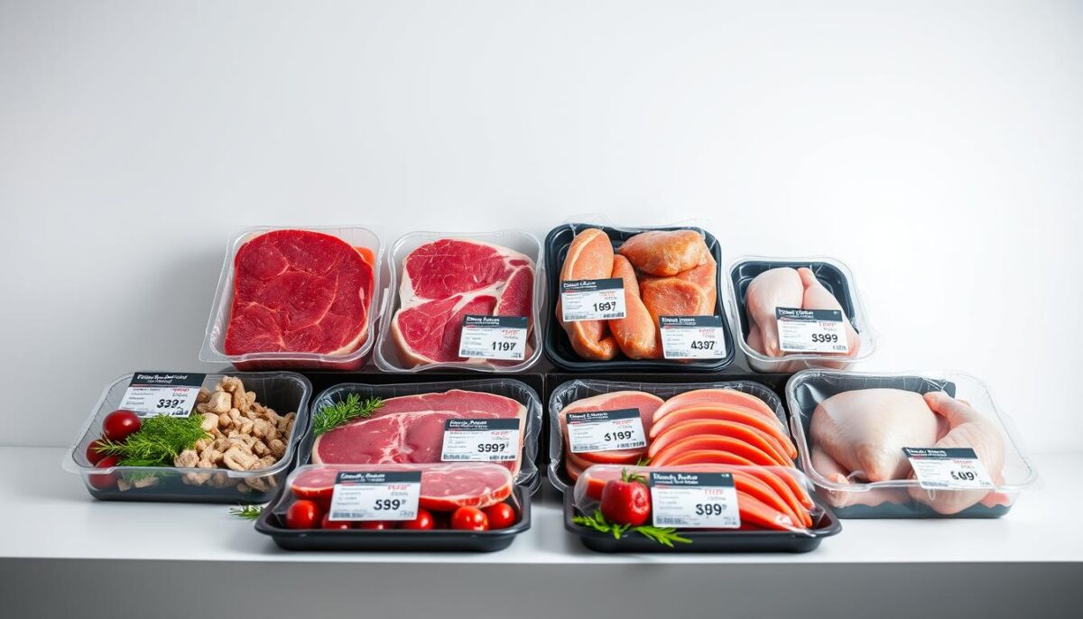 A high-quality product photography scene showcasing a side-by-side price comparison of meat cuts from two leading wholesale retailers. Set against a clean, bright backdrop with even lighting, the scene features neatly arranged packages of beef, pork, and chicken, each meticulously labeled with their respective prices. The camera angle is slightly elevated to provide an unobstructed view, capturing the full scope of the comparison while emphasizing the clarity and attention to detail. The overall mood is professional, informative, and visually striking, inviting the viewer to closely examine the pricing details. A high-quality product photography scene showcasing a side-by-side price comparison of meat cuts from two leading wholesale retailers. Set against a clean, bright backdrop with even lighting, the scene features neatly arranged packages of beef, pork, and chicken, each meticulously labeled with their respective prices. The camera angle is slightly elevated to provide an unobstructed view, capturing the full scope of the comparison while emphasizing the clarity and attention to detail. The overall mood is professional, informative, and visually striking, inviting the viewer to closely examine the pricing details.
