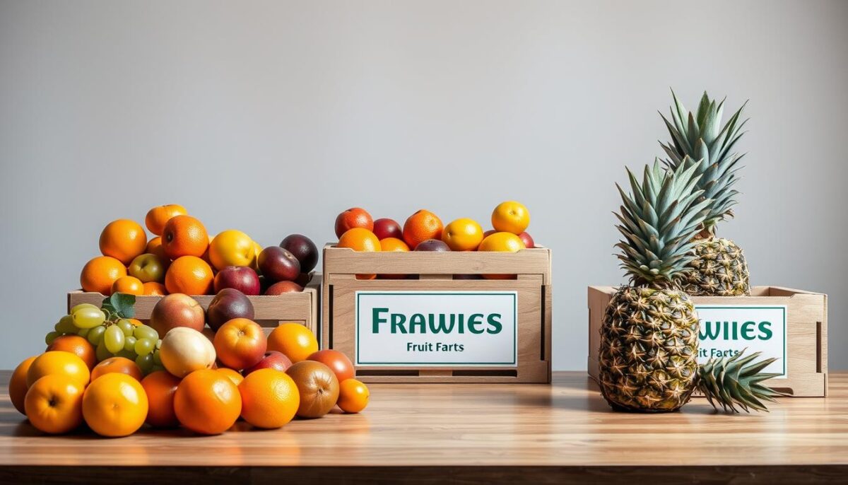 A high-quality, well-lit studio photograph of a fruit supplier comparison. In the foreground, an assortment of fresh, vibrant fruits - oranges, apples, grapes, and pineapples - arranged on a sleek, wooden table. In the middle ground, three different boxes or crates labeled with the names of prominent local fruit suppliers, showcasing their variety and quality. The background features a clean, minimalist backdrop, perhaps a plain white or grey wall, allowing the produce and supplier information to take center stage. The lighting is soft and even, highlighting the colors and textures of the fruits. The composition is balanced and visually appealing, conveying a sense of professionalism and attention to detail that would be suitable for a restaurant industry publication. A high-quality, well-lit studio photograph of a fruit supplier comparison. In the foreground, an assortment of fresh, vibrant fruits - oranges, apples, grapes, and pineapples - arranged on a sleek, wooden table. In the middle ground, three different boxes or crates labeled with the names of prominent local fruit suppliers, showcasing their variety and quality. The background features a clean, minimalist backdrop, perhaps a plain white or grey wall, allowing the produce and supplier information to take center stage. The lighting is soft and even, highlighting the colors and textures of the fruits. The composition is balanced and visually appealing, conveying a sense of professionalism and attention to detail that would be suitable for a restaurant industry publication.