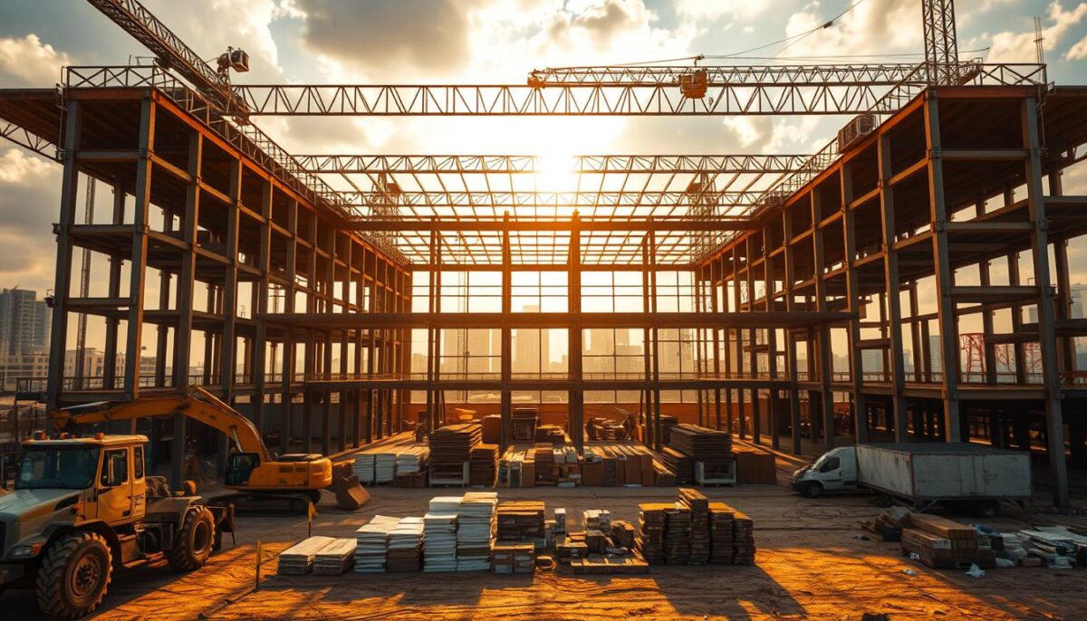 A large construction site with heavy machinery and workers in the foreground, surrounded by the framework of a partially built restaurant. The scene is illuminated by warm, golden sunlight filtering through a cloudy sky, casting long shadows across the unfinished structure. In the middle ground, piles of building materials and supplies sit neatly organized, while in the background, the silhouettes of other buildings and cityscape elements can be seen. The atmosphere conveys a sense of progress and the challenges of transforming an empty space into a functional restaurant.