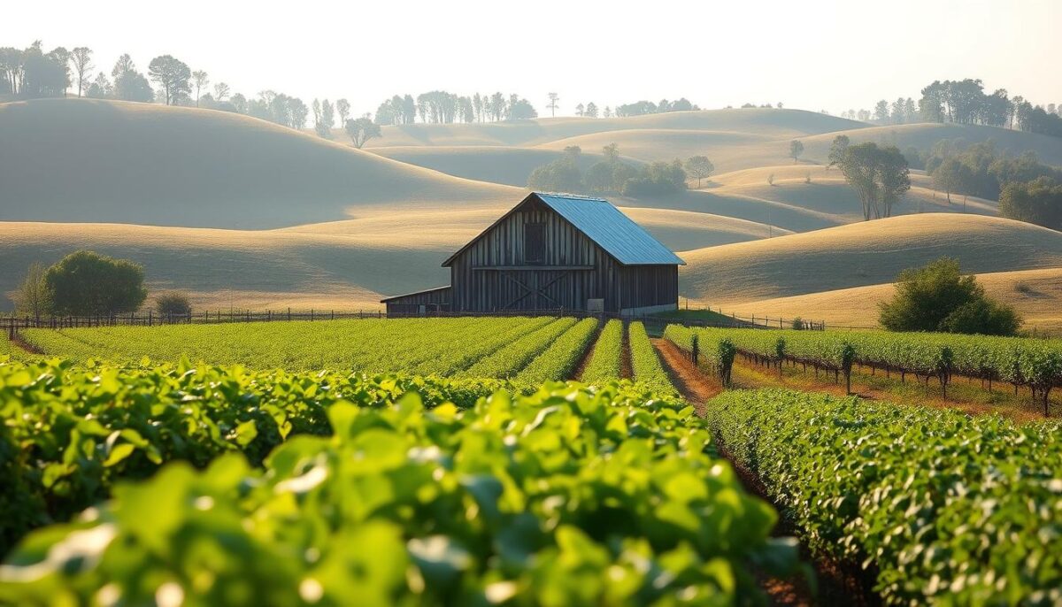 A lush, rolling landscape of a sustainable farm in New Jersey. In the foreground, rows of vibrant vegetables and herbs sway gently in the breeze. A rustic barn stands proudly in the middle ground, its weathered wood and tin roof reflecting the sun's golden rays. In the background, undulating hills dotted with tall trees create a serene, pastoral scene. The lighting is soft and diffused, casting a warm, natural glow over the entire composition. The angle is slightly elevated, providing a panoramic view of the thriving, eco-friendly farmstead. This image conveys the essence of New Jersey's commitment to sustainable, locally-sourced produce. A lush, rolling landscape of a sustainable farm in New Jersey. In the foreground, rows of vibrant vegetables and herbs sway gently in the breeze. A rustic barn stands proudly in the middle ground, its weathered wood and tin roof reflecting the sun's golden rays. In the background, undulating hills dotted with tall trees create a serene, pastoral scene. The lighting is soft and diffused, casting a warm, natural glow over the entire composition. The angle is slightly elevated, providing a panoramic view of the thriving, eco-friendly farmstead. This image conveys the essence of New Jersey's commitment to sustainable, locally-sourced produce.