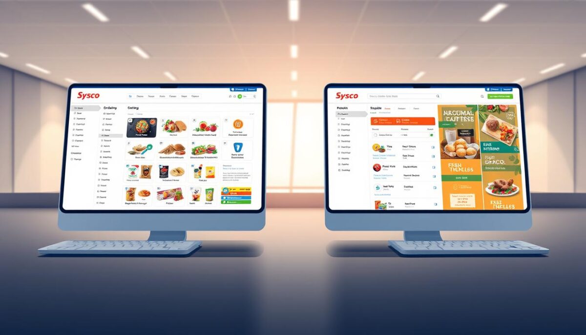 A meticulously detailed digital illustration depicting a side-by-side comparison of the user interfaces for Sysco Online Ordering and US Foods Direct. The foreground showcases the clean, intuitive layouts of the two platforms, with streamlined menus, sleek iconography, and responsive controls. The middle ground highlights the dynamic filtering and search options, allowing users to effortlessly navigate product catalogs. In the background, a softly lit, minimalist environment emphasizes the technological sophistication and efficiency of these modern food distribution systems. Captured with a high-resolution wide-angle lens, the image conveys a sense of professionalism and user-centric design.