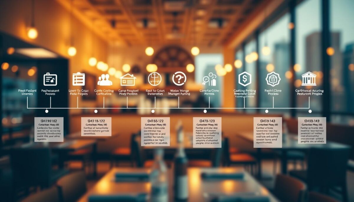 A meticulously detailed timeline illustrating the comprehensive restaurant licensing process, captured in a stunning cinematic composition. The foreground features a series of interconnected icons and infographic elements, visually guiding the viewer through the step-by-step journey of acquiring the necessary permits and certifications. The middle ground showcases a warm, softly lit restaurant interior, conveying a sense of preparation and anticipation. In the background, a blurred cityscape sets the scene, hinting at the broader regulatory environment in which this process unfolds. The overall mood is one of organization, diligence, and a steadfast commitment to navigating the complex landscape of restaurant licensing.