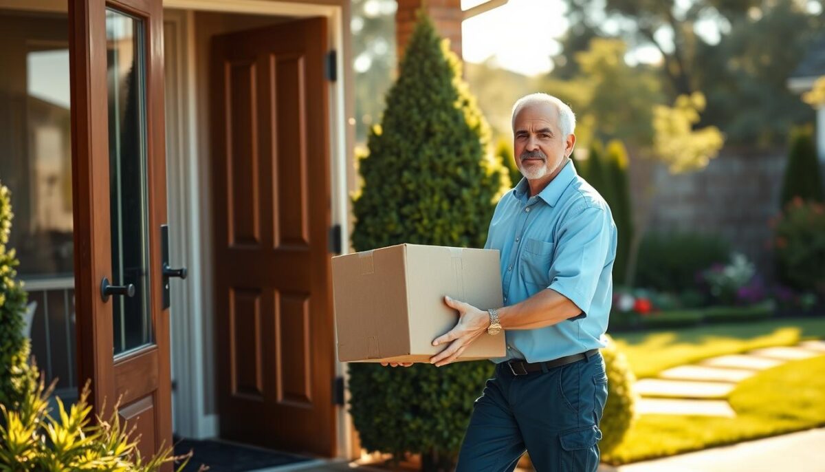 A middle-aged Caucasian male delivery driver, dressed in a light blue collared shirt and dark blue cargo pants, confidently strides towards a residential doorway, carrying a large cardboard box in his hands. The mid-afternoon sun casts a warm, golden glow across the scene, highlighting the driver's focused expression. The front yard is neatly manicured, with a well-tended garden in the background, suggesting a peaceful, suburban setting. The image conveys a sense of professionalism and reliable service, capturing the essence of a typical food delivery experience.
