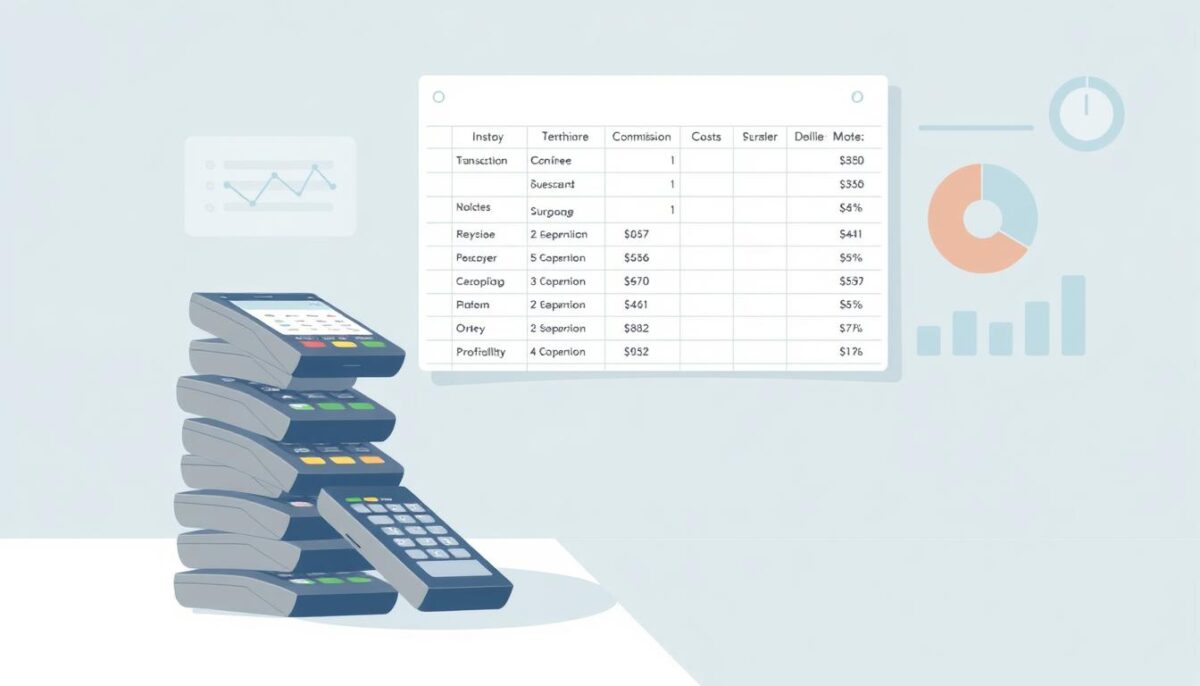 A minimalist yet detailed illustration depicting the various fees associated with an online ordering platform. In the foreground, a stack of digital payment terminals and mobile devices, showcasing the transaction processing fees. The middle ground features a spreadsheet with line items for commission rates, subscription costs, and other platform-specific charges. In the background, a series of bar graphs and pie charts visually representing the impact of these fees on a business's overall profitability. The scene is bathed in a cool, neutral color palette, conveying a sense of analytical precision and financial scrutiny. Soft, directional lighting casts subtle shadows, adding depth and dimension to the composition. A minimalist yet detailed illustration depicting the various fees associated with an online ordering platform. In the foreground, a stack of digital payment terminals and mobile devices, showcasing the transaction processing fees. The middle ground features a spreadsheet with line items for commission rates, subscription costs, and other platform-specific charges. In the background, a series of bar graphs and pie charts visually representing the impact of these fees on a business's overall profitability. The scene is bathed in a cool, neutral color palette, conveying a sense of analytical precision and financial scrutiny. Soft, directional lighting casts subtle shadows, adding depth and dimension to the composition.