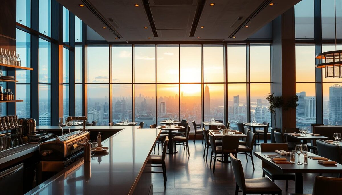 A modern, airy restaurant interior with sleek, minimalist design elements. The foreground features a well-stocked bar with gleaming stainless steel appliances and elegant stemware. The middle ground showcases a mix of high-top tables and cozy booths, accented by warm lighting fixtures and natural wood tones. In the background, floor-to-ceiling windows offer a panoramic view of a bustling city skyline, bathed in the soft glow of a golden-hour sunset. The overall atmosphere conveys a sense of sophistication and attention to detail, reflecting the significant investment required for a high-end restaurant build-out.