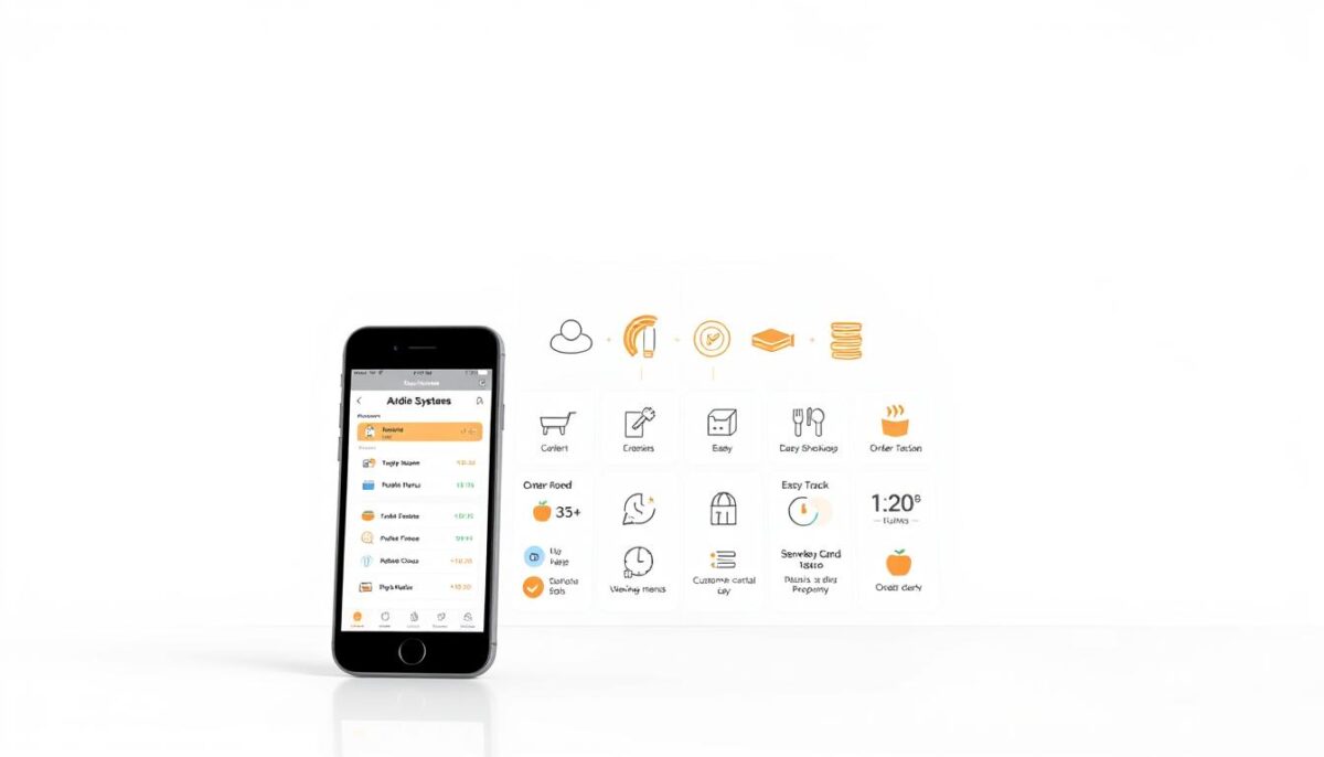 A modern and minimalist online ordering system interface, displayed on a clean white background. In the foreground, a stylized mobile device showcases the key features - intuitive navigation, customizable menus, easy checkout process, and order tracking. The middle ground features various icons and infographic elements that highlight the system's efficiency, flexibility, and customer-centric design. The background has a subtle grid pattern, suggesting the technical infrastructure powering the seamless online ordering experience. Soft lighting from the side creates depth and highlights the sleek, responsive nature of the system. The overall composition conveys a sense of professionalism, simplicity, and user-friendliness, perfectly suited for a restaurant's online ordering needs.