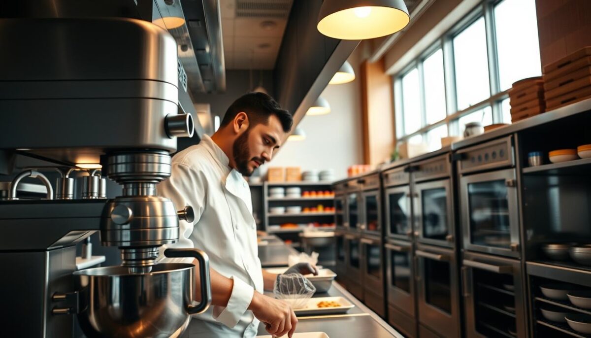 A modern commercial kitchen with sleek stainless steel equipment and efficient workflows. In the foreground, a chef expertly operates a high-powered commercial mixer, streamlining food preparation. In the middle ground, a row of energy-efficient convection ovens bake dishes evenly. The background showcases a well-organized storage area, with shelves neatly stocked with ingredients. Warm overhead lighting casts a productive glow, while large windows allow natural light to flood the space. The entire scene conveys a sense of precision, organization, and optimization - the hallmarks of a restaurant kitchen running at peak efficiency.