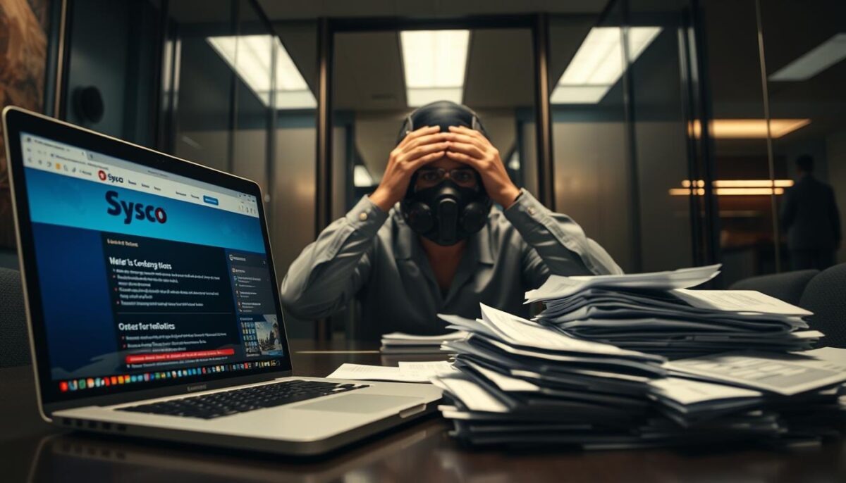 A modern corporate office interior, dimly lit with a somber mood. In the foreground, a laptop screen displays the Sysco website, its interface plagued with glitches and errors. The middle ground features a frustrated restaurant owner, hands on their head, surrounded by piles of order forms and invoices. In the background, a shadowy figure representing the Sysco customer service department looms ominously. The scene is captured with a wide-angle lens, emphasizing the sense of unease and tension. The lighting is low-key, with dramatic shadows and highlights, evoking a sense of unresolved issues and mounting frustration.