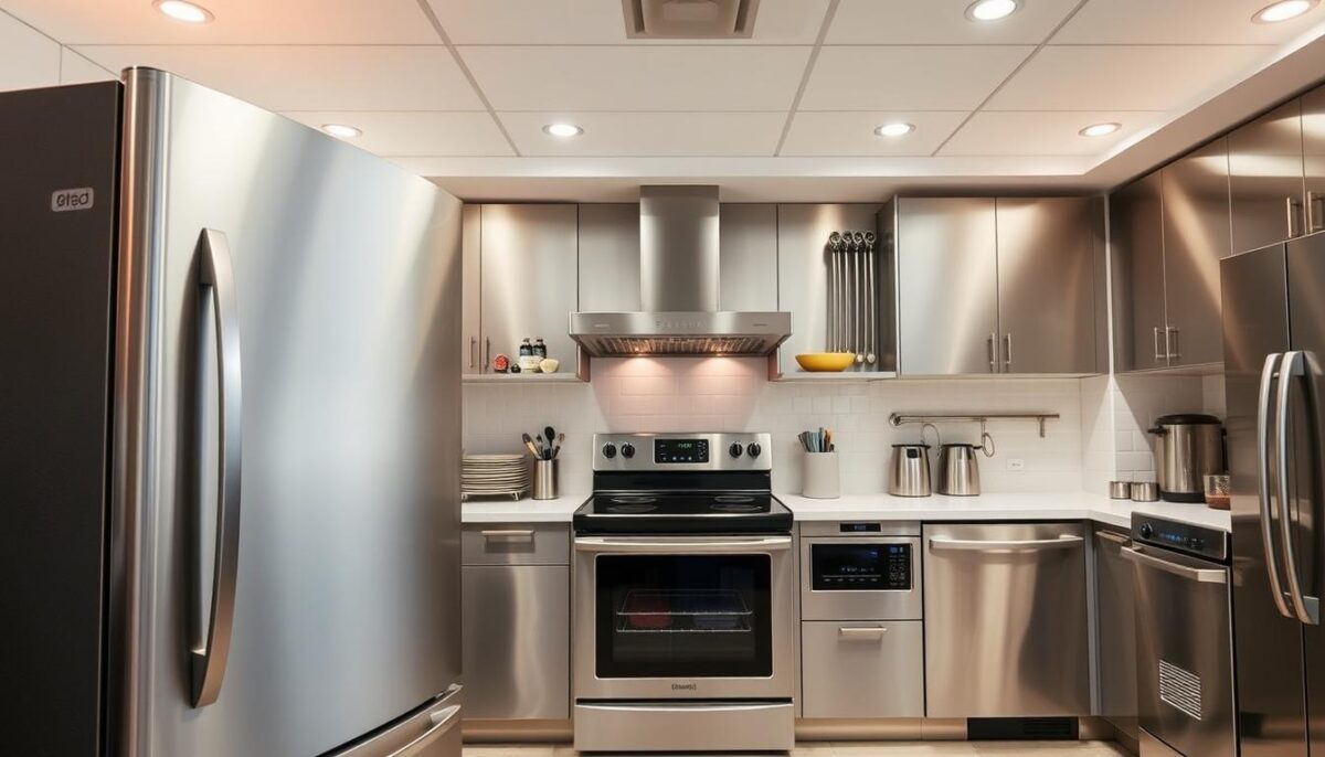 A modern, energy-efficient kitchen filled with sleek, stainless steel appliances and equipment. In the foreground, a high-efficiency refrigerator with a crisp, minimalist design hums quietly. Behind it, a commercial-grade induction cooktop with precision temperature controls. In the middle ground, a convection oven with advanced insulation to reduce heat loss. In the background, a dishwasher with advanced water and energy-saving features. Overhead, recessed LED lighting casts a warm, even glow across the entire space. The layout is streamlined and uncluttered, showcasing the functional beauty of sustainable kitchen technology.