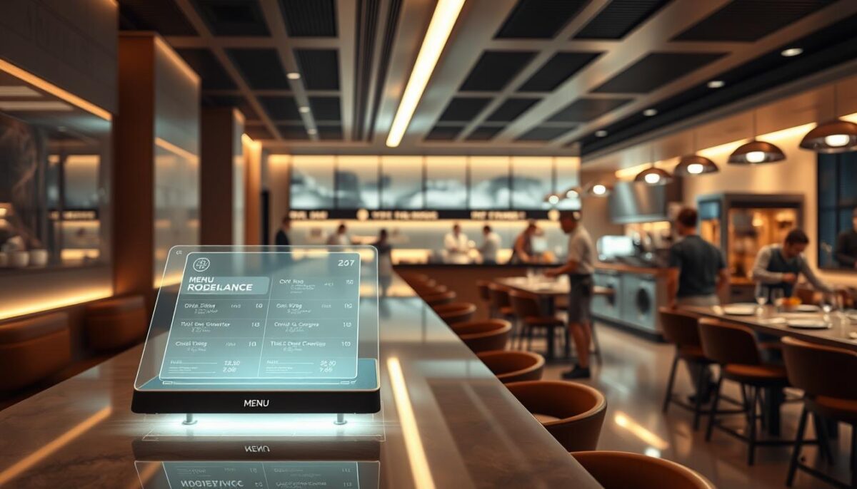 A modern, high-tech restaurant interior with sleek and minimalist design. In the foreground, a holographic menu display hovers above a glossy countertop, its translucent interface showcasing digital ordering options. In the middle ground, robotic waiters glide smoothly between tables, their movements precisely choreographed. The background features an open kitchen where chefs collaborate with intelligent cooking appliances, preparing dishes with the aid of advanced culinary technology. Soft, ambient lighting casts a warm glow, creating an inviting and futuristic atmosphere. The overall scene conveys a vision of a restaurant that seamlessly integrates cutting-edge technology to enhance the dining experience.