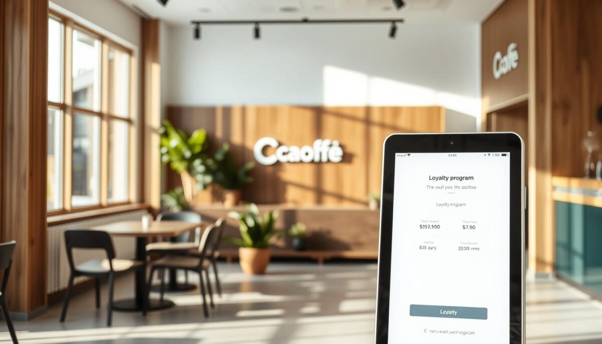 A modern, minimalist cafe interior with a prominent loyalty program display. Soft natural lighting filters through large windows, casting a warm glow on the clean, wood-accented decor. In the foreground, a sleek digital kiosk showcases a loyalty program interface, its simple design and muted color palette inviting customers to engage. The middle ground features cozy seating arrangements and potted plants, creating a welcoming atmosphere. In the background, the cafe's branding and logo are subtly integrated into the decor, reinforcing the loyalty program's connection to the overall brand experience.