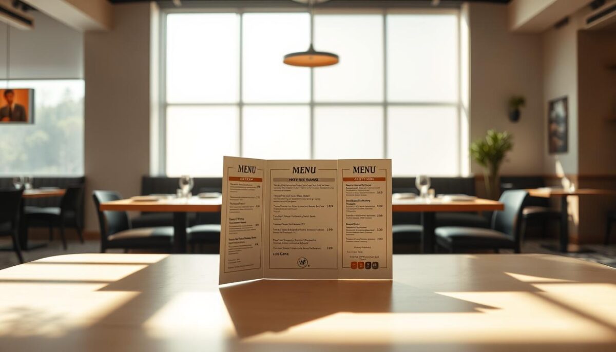 A modern, minimalist restaurant interior with a central table showcasing a creative menu pricing strategy. Warm, natural lighting illuminates the scene, casting soft shadows across the table's surface. The menu is artfully displayed, with carefully curated pricing information that highlights value and encourages customers to explore the offerings. The background features subtle, clean-lined decor, allowing the menu to take center stage. An atmosphere of refined sophistication and culinary excellence pervades the space, inviting the viewer to imagine the dining experience.