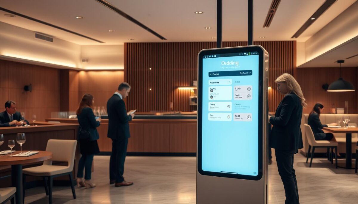 A modern, minimalist restaurant interior with a large digital display showcasing an online ordering platform. The foreground features a sleek, touchscreen kiosk with a simple, user-friendly interface. The middle ground depicts well-dressed customers interacting with the kiosk, placing orders and making payments. The background showcases a warm, inviting ambiance with soft lighting, clean lines, and subtle accents that create a sophisticated, high-end atmosphere. The overall scene conveys a sense of technological integration, efficiency, and a seamless dining experience that caters to the preferences of a discerning, tech-savvy clientele.