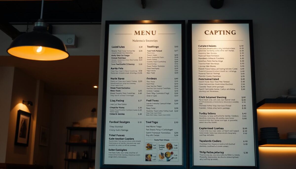 A modern, minimalist restaurant interior with a prominently displayed menu board. The menu features a clean, elegant layout with carefully curated dish descriptions and pricing. Soft, warm lighting casts a cozy glow, illuminating the menu's carefully considered typography and design. The menu board is positioned at eye level, inviting customers to browse the offerings. The surrounding space is uncluttered, allowing the menu to be the focal point, drawing the viewer's attention to the carefully crafted presentation. The overall atmosphere conveys a sense of refined simplicity, hinting at the restaurant's attention to detail and commitment to providing a memorable dining experience.
