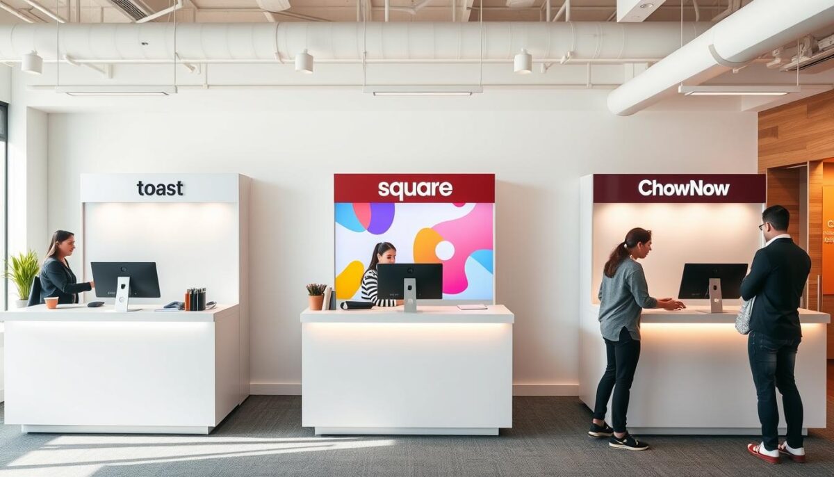 A modern office setting with three distinct customer support stations, each representing a different online ordering system provider. The stations are arranged in a row, with each one showcasing a unique style and atmosphere. The first station has a sleek, minimalist design with a crisp, white aesthetic, reflecting the aesthetic of Toast. The middle station has a vibrant, colorful palette and a more playful, friendly vibe, mirroring the brand identity of Square. The third station has a warm, rustic ambiance with natural wood accents, emulating the cozy atmosphere of ChowNow. Customers are engaged with the representatives, highlighting the quality of user experience. Soft, natural lighting illuminates the scene, creating a welcoming and professional atmosphere.