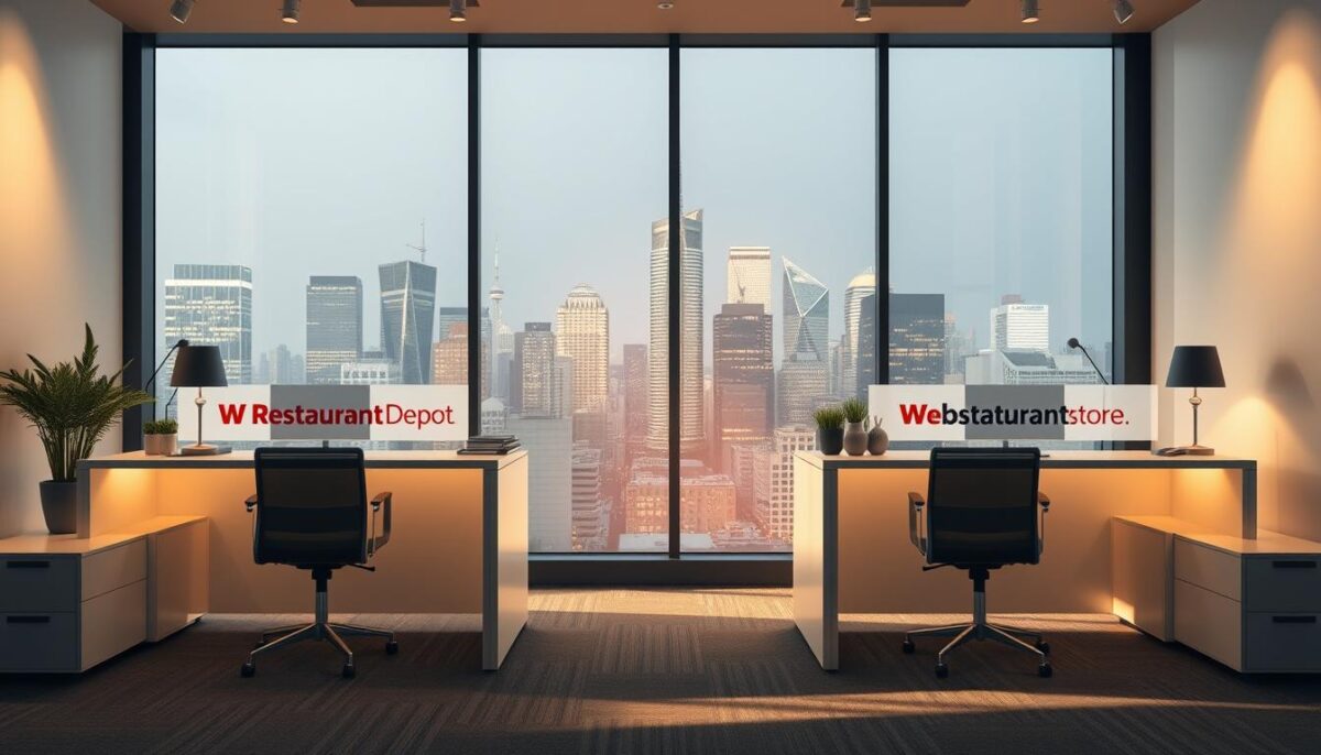 A modern, professional office interior with two desks representing the customer service departments of Restaurant Depot and WebstaurantStore. The desks are placed side-by-side, with a subtle contrast in their decor and equipment, symbolizing the differences in customer support. Soft, diffused lighting casts a warm glow, creating a welcoming atmosphere. The middle ground features sleek, minimalist furniture and decor, while the background showcases a large window overlooking a bustling city skyline. The overall composition conveys a sense of efficiency, attention to detail, and a focus on providing exceptional customer experience. A modern, professional office interior with two desks representing the customer service departments of Restaurant Depot and WebstaurantStore. The desks are placed side-by-side, with a subtle contrast in their decor and equipment, symbolizing the differences in customer support. Soft, diffused lighting casts a warm glow, creating a welcoming atmosphere. The middle ground features sleek, minimalist furniture and decor, while the background showcases a large window overlooking a bustling city skyline. The overall composition conveys a sense of efficiency, attention to detail, and a focus on providing exceptional customer experience.