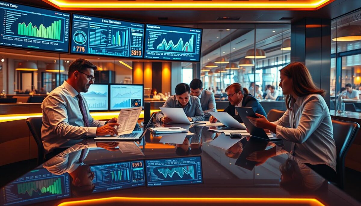 A modern restaurant's financial command center, illuminated by warm ambient lighting. Sleek digital dashboards display real-time revenue, expenses, and cash flow metrics. In the foreground, a confident manager reviews detailed financial reports, making insightful decisions to optimize profitability. The middle ground features a team of accountants collaborating on budgeting and forecasting models, their faces reflected in the glossy surface of a polished conference table. The background showcases a panoramic view of the bustling restaurant, serving as a constant reminder of the financial landscape these professionals navigate daily.