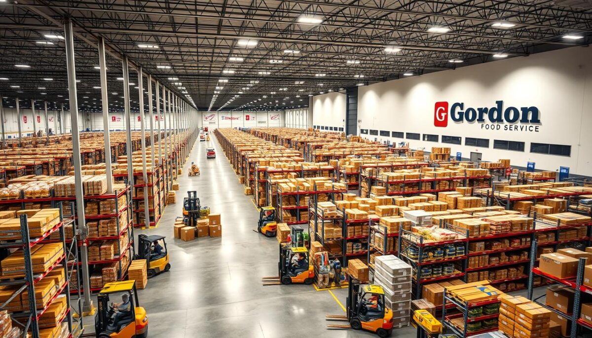A modern, sprawling distribution center of Gordon Food Service, showcasing its vast scale and efficiency. The expansive warehouse features rows of towering steel shelves, stocked with an array of food products. Forklifts deftly navigate the aisles, while workers meticulously process orders. Bright, overhead lighting illuminates the scene, casting a crisp, professional atmosphere. In the background, the facility's exterior is visible, a sleek, contemporary building with bold branding. The overall impression conveys Gordon Food Service's capabilities as a leading food distribution powerhouse, poised to compete with industry giants.