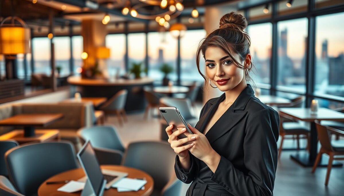 A modern, stylish influencer marketing scene. In the foreground, an elegant woman with an on-trend hairstyle and outfit poses confidently, holding a smartphone. Behind her, an aesthetically-pleasing café or restaurant setting with sleek furniture, warm lighting, and tasteful decor. The middle ground features a laptop, notebook, and other content creation tools, hinting at the influencer's workflow. In the background, a blurred cityscape with skyscrapers and a vibrant, energetic atmosphere. The overall mood is one of aspirational, high-quality influencer marketing, reflecting the desired style and tone of the article section.
