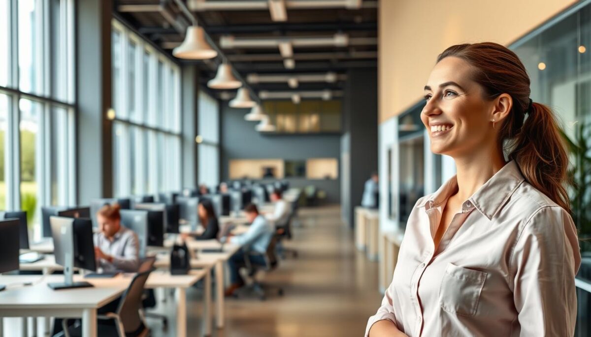 A modern, well-lit office interior with a spacious reception area. In the foreground, a professional customer service representative wearing a crisp, collared shirt and warm smile, engaged in a friendly discussion with a client. The middle ground showcases rows of desks with attentive employees working diligently on computers, reflecting a sense of efficiency and organization. The background features floor-to-ceiling windows, allowing natural light to flood the space and create a welcoming, inviting atmosphere. The overall scene conveys a feeling of reliability, attentiveness, and a commitment to providing excellent customer service.
