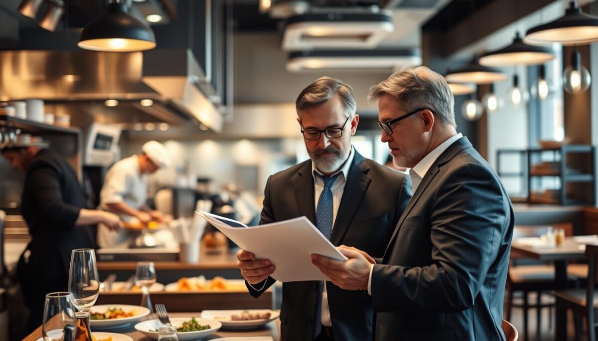 A modern, well-lit restaurant interior with a busy kitchen in the background, chefs meticulously preparing meals. In the foreground, a financial advisor and a restaurant owner review paperwork and discuss budgets, cash flow, and investment strategies. Soft lighting, muted colors, and a calm, professional atmosphere convey the careful management of restaurant finances. The scene captures the challenges and responsibilities of securing and allocating funding to ensure the restaurant's success and sustainability.