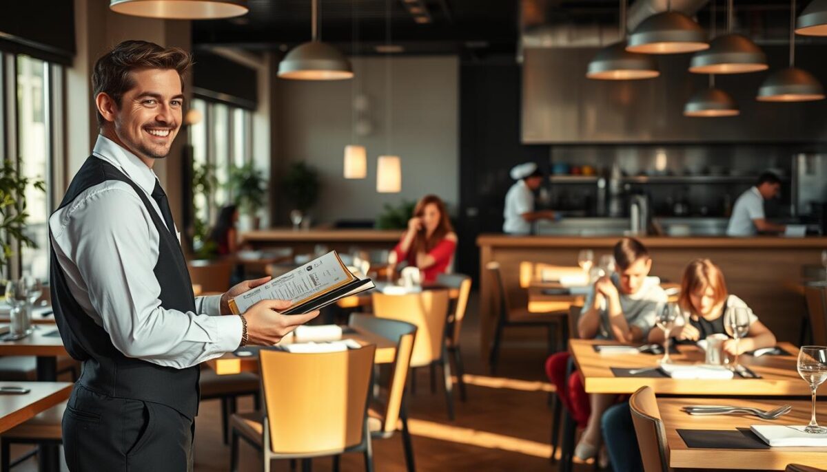 A modern, well-lit restaurant interior with a warm, inviting atmosphere. In the foreground, a friendly server in a crisp uniform greets a family of four, offering menus and a genuine smile. The middle ground features a mix of neatly arranged tables, each with a simple yet elegant place setting. In the background, the open kitchen bustles with activity, chefs deftly preparing dishes. Soft, natural lighting filters through large windows, creating a sense of openness and tranquility. The overall scene conveys a welcoming, professional, and attentive customer service experience.