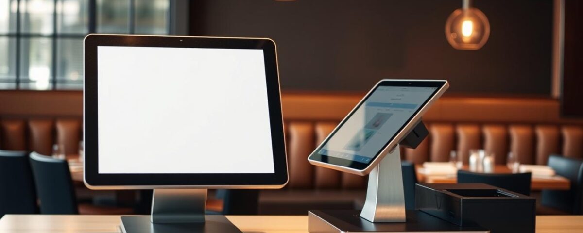 A modern, well-lit restaurant point-of-sale (POS) system stands prominently on a clean, wood-paneled counter. The sleek, touchscreen display is flanked by a receipt printer and cash drawer, all in a minimalist, brushed metal finish. The POS is integrated with a tablet, allowing servers to input orders and manage payments seamlessly. In the background, a cozy dining area with plush, upholstered seating and warm, Edison-style lighting creates an inviting atmosphere. The overall scene conveys efficiency, professionalism, and a focus on enhancing the customer experience in a high-end restaurant setting.