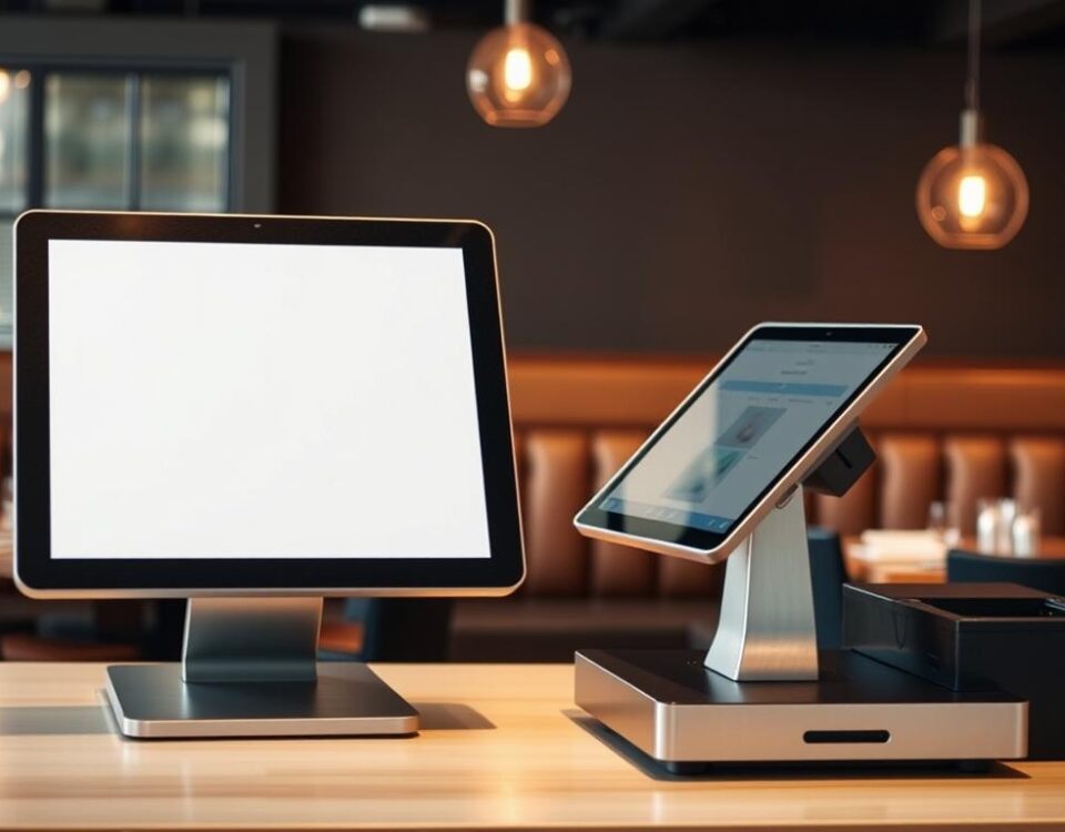 A modern, well-lit restaurant point-of-sale (POS) system stands prominently on a clean, wood-paneled counter. The sleek, touchscreen display is flanked by a receipt printer and cash drawer, all in a minimalist, brushed metal finish. The POS is integrated with a tablet, allowing servers to input orders and manage payments seamlessly. In the background, a cozy dining area with plush, upholstered seating and warm, Edison-style lighting creates an inviting atmosphere. The overall scene conveys efficiency, professionalism, and a focus on enhancing the customer experience in a high-end restaurant setting.