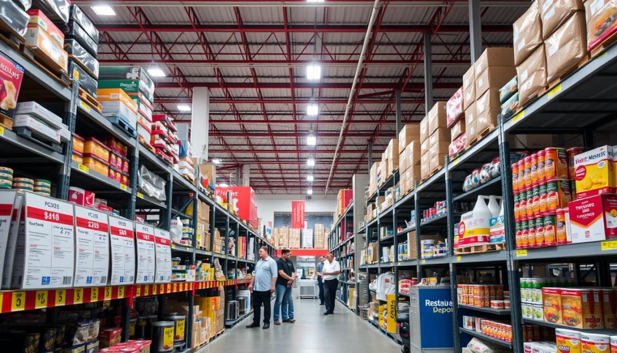 A modern, well-lit restaurant supply warehouse interior, with rows of industrial shelving stocked with an array of professional-grade kitchen equipment and ingredients. In the foreground, a focus on price tags and labels, showcasing the competitive pricing and value proposition of Restaurant Depot. The middle ground features busy customers examining products, while the background reveals the expansive scale and variety of the warehouse. The lighting is bright and even, capturing the functional, no-frills atmosphere of the establishment. The overall mood conveys a sense of efficiency, practicality, and the opportunity for significant cost savings for savvy restaurateurs.