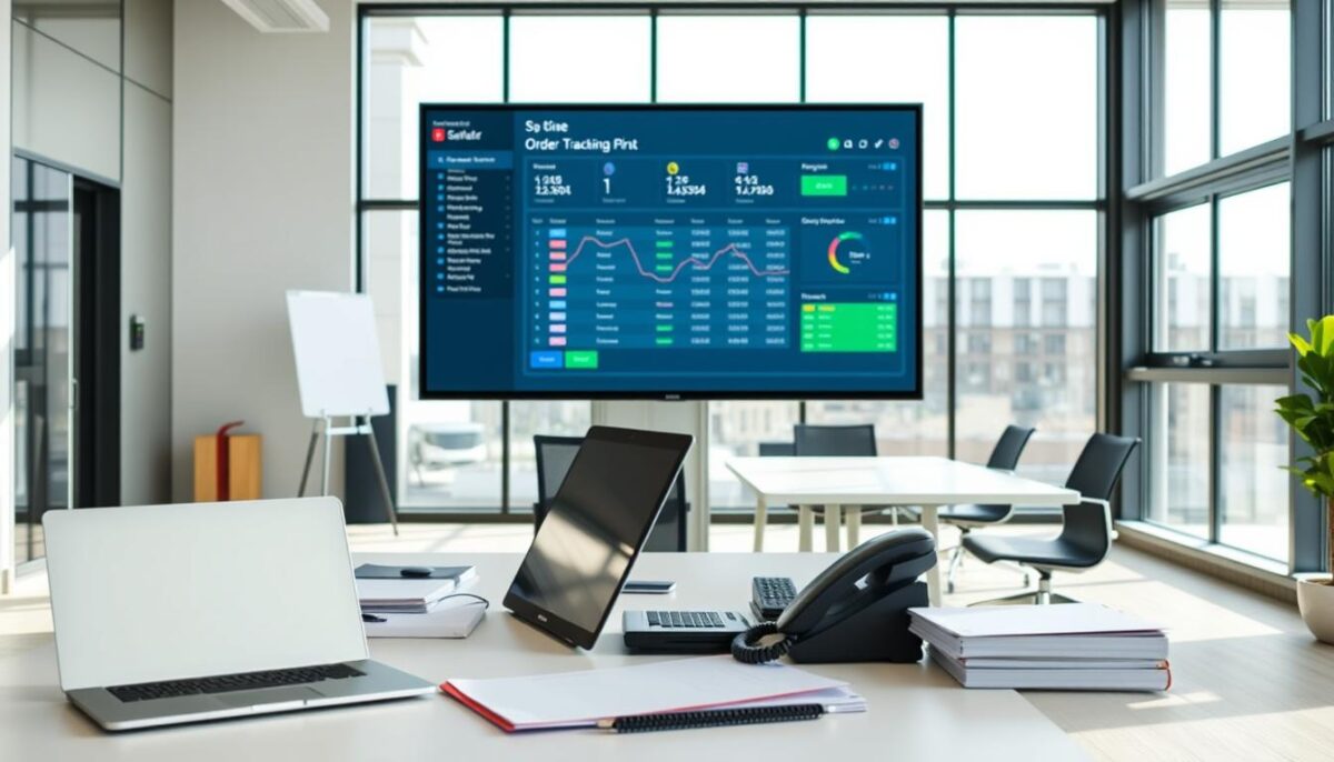 A modern, well-organized office interior with a sleek, minimalist design. In the foreground, a desk with a laptop, phone, and documents neatly arranged, suggesting efficient order management. The middle ground features a large monitor displaying a digital order tracking system, with real-time updates and analytics. The background showcases floor-to-ceiling windows, allowing natural light to flood the space and create a bright, airy atmosphere. The overall scene conveys a sense of professionalism, productivity, and technological sophistication, reflecting the capabilities of a robust order management system.