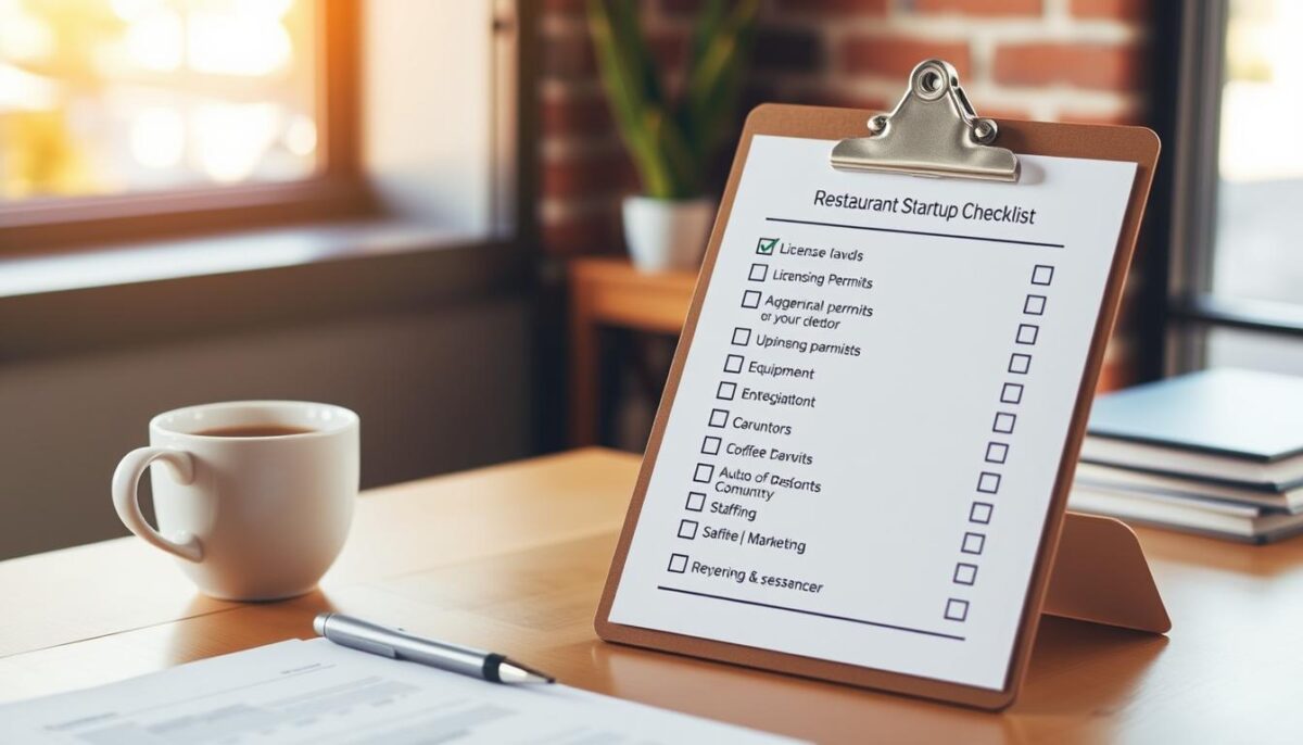 A neatly organized desk with a checklist on a clipboard, a pen, and a cup of coffee against a backdrop of warm, natural lighting coming through a window. The checklist has various sections and checkboxes, reflecting the key steps of opening a new restaurant, such as licensing, permits, equipment, inventory, staffing, and marketing. The scene conveys a sense of productivity, planning, and attention to detail, suitable for illustrating the "Complete Restaurant Startup Checklist" section of the article.