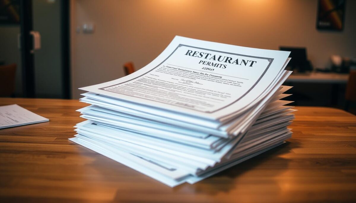 A neatly organized stack of official-looking documents, including restaurant permits, licenses, and certificates, resting on a wooden desk. The documents are illuminated by warm, directional lighting, casting subtle shadows that add depth and dimensionality to the scene. The background is a slightly blurred, neutral-toned office environment, allowing the important paperwork to take center stage. The overall mood is one of professionalism, attention to detail, and a sense of accomplishment in navigating the bureaucratic challenges of opening a new restaurant.
