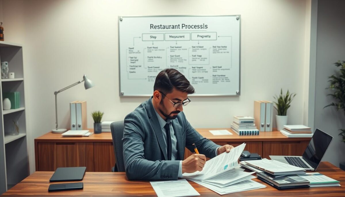 A pristine office setting with a large wooden desk, a laptop, and various paperwork meticulously arranged. Behind the desk, a wall-mounted whiteboard displays a step-by-step process diagram for a restaurant loan application. Soft, diffused lighting illuminates the scene, creating a professional and welcoming atmosphere. In the foreground, a focused business person sits, reviewing documents and filling out forms, surrounded by the tools of the financial trade. The overall composition conveys the thoughtful, deliberative nature of the restaurant loan application process.