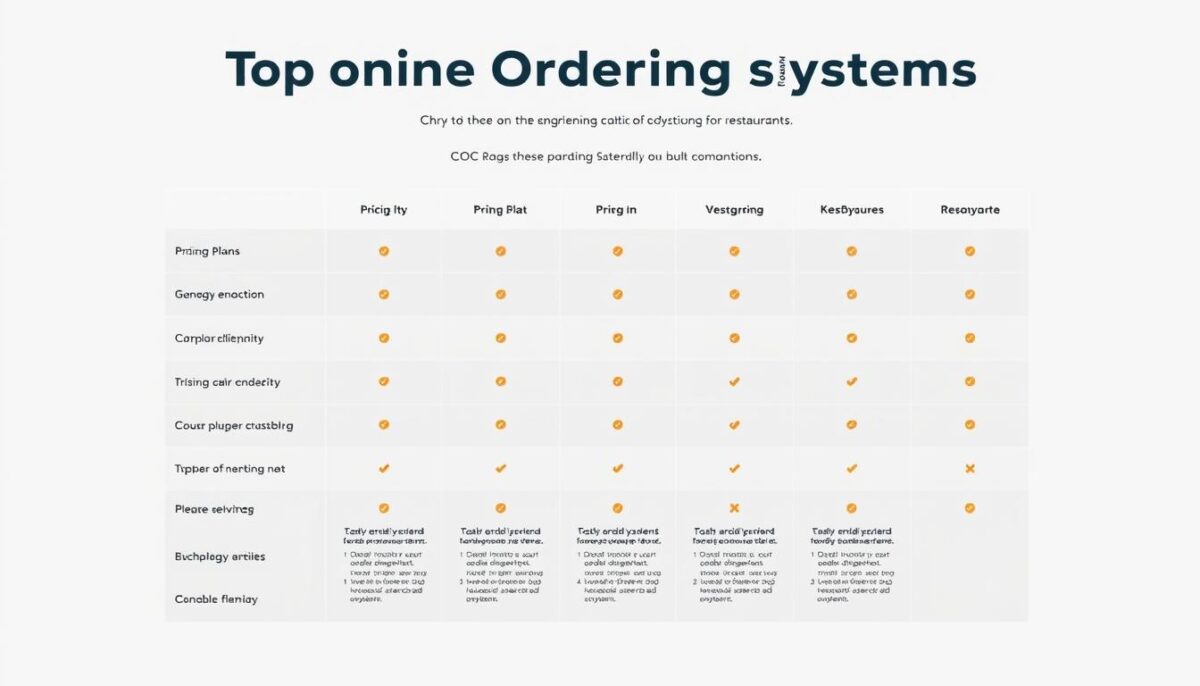 A professional, clean-designed comparison chart showing pricing plans and key features of top online ordering systems for restaurants. The chart fills the frame, with a soft, neutral background that doesn't distract. The systems are presented in a clear, organized layout with intuitive icons and typography. Minimal, high-contrast colors are used to draw attention to the information. The overall atmosphere is one of clarity, practicality and professionalism, suitable for an informative business article.