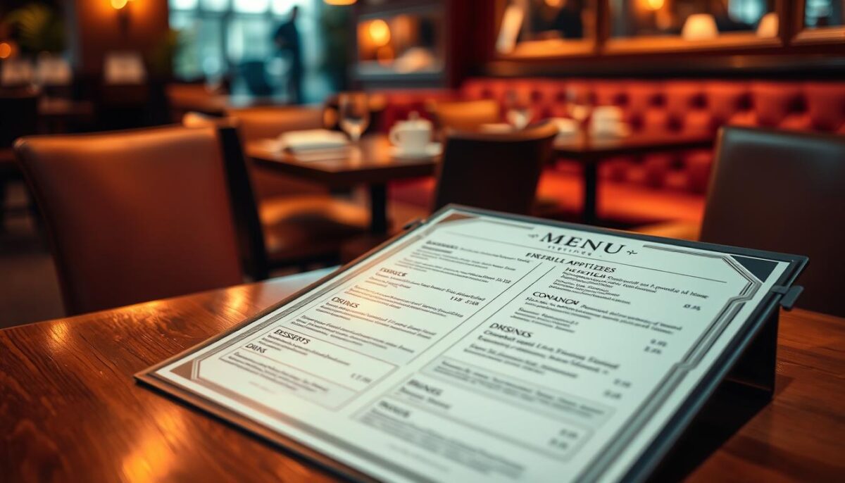 A restaurant menu displayed on a wooden table, illuminated by soft, warm lighting. The menu features elegantly designed sections for appetizers, entrees, desserts, and drinks, with mouthwatering dish descriptions and carefully curated pricing. In the background, a blurred, cozy dining area with plush seating and subtle decor elements creates an inviting atmosphere. The composition emphasizes the menu's visual appeal and strategic layout, showcasing the principles of menu engineering to optimize customer experience and maximize profitability.
