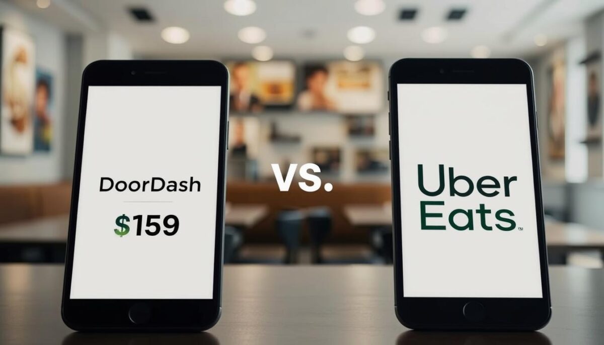 A side-by-side comparison of the commission rates charged by DoorDash and Uber Eats, rendered in a clean and minimalist style. In the foreground, two mobile devices display the respective commission rates, showcased against a muted background of blurred restaurant interiors. The lighting is soft and diffused, creating a contemplative mood. The overall composition emphasizes the comparison, inviting the viewer to consider the nuances of these delivery platform fees. The image should convey a sense of informed decision-making, without any distracting elements.