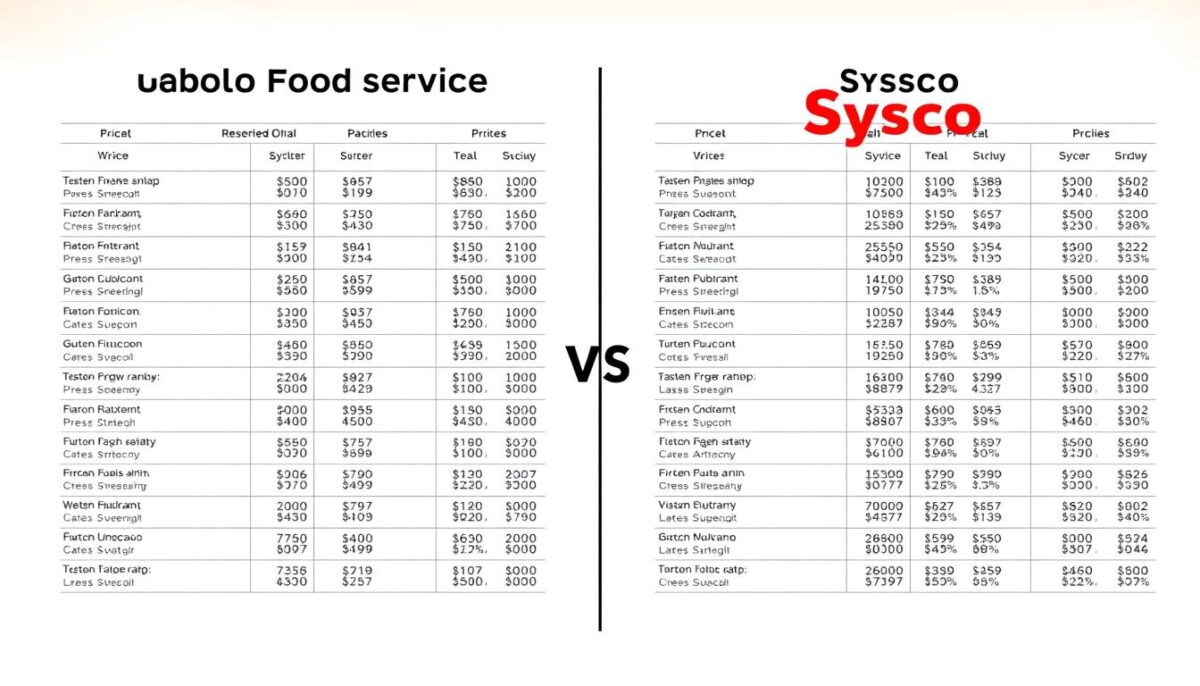 A side-by-side visual comparison of detailed food service price listings, meticulously presented on crisp, clean white background. Warm, natural lighting creates a professional, authoritative atmosphere. Precise, carefully-curated data points neatly organized in a grid layout, inviting close inspection. Subtle depth of field blur draws the viewer's eye to the central price comparison, emphasizing the core subject matter. Muted color palette with pops of accent hues to highlight key information. Overall, a visually striking, data-driven illustration that effectively communicates the pricing dynamics between Gordon Food Service and Sysco.