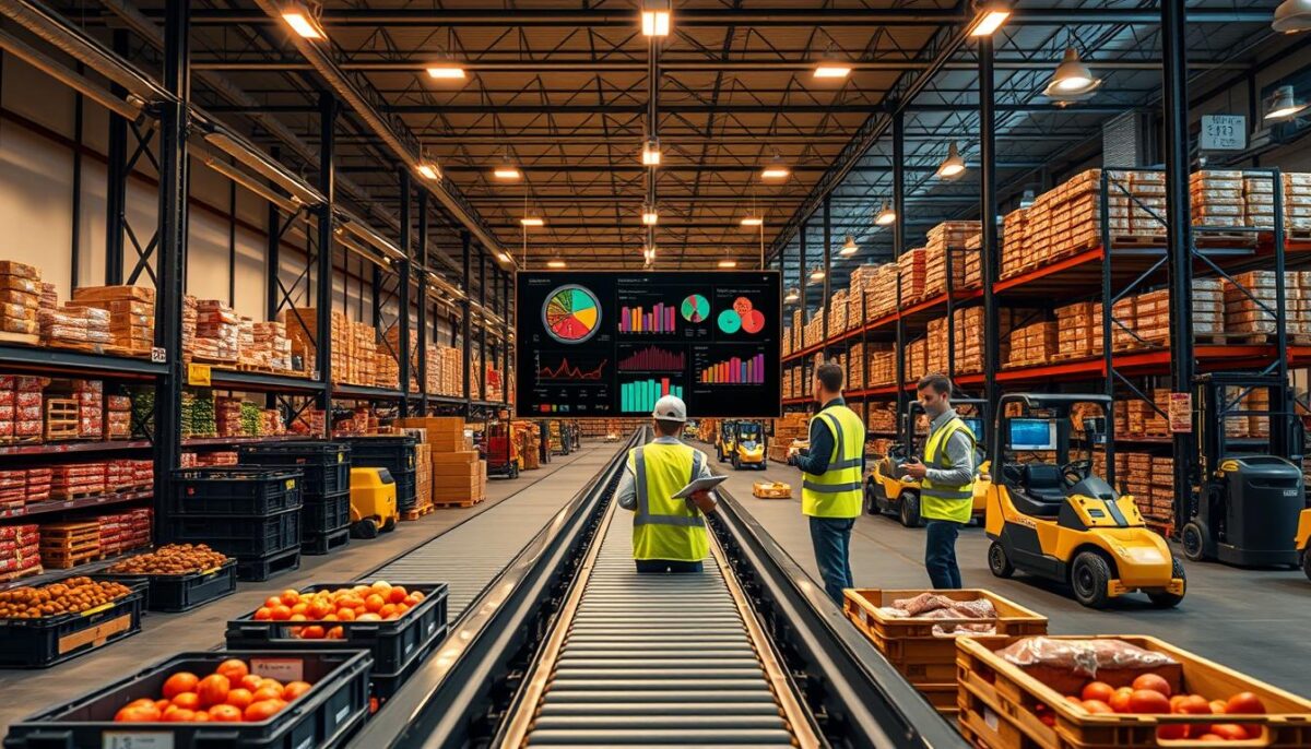 A sleek and modern food distribution warehouse interior, bathed in warm overhead lighting and featuring a central hub of cutting-edge technology. In the foreground, a conveyor belt system efficiently moves crates and pallets of produce, meats, and dry goods. Centered is a large touchscreen display showcasing inventory data, order status, and delivery logistics. In the middle ground, workers wearing high-vis vests operate tablet devices, coordinating shipments and monitoring supply chain analytics. The background reveals rows of towering shelves stocked with neatly organized goods, complemented by robotic forklifts and autonomous carts seamlessly navigating the space.