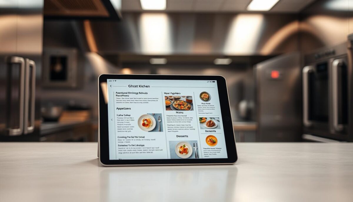 A sleek, minimalist ghost kitchen menu displayed on a high-resolution tablet, set against a backdrop of a modern, well-lit kitchen with stainless steel appliances and bright lighting. The menu features a clean, elegant design with high-quality food photography, enticing dish descriptions, and clear organization of categories like appetizers, mains, and desserts. The overall atmosphere conveys efficiency, professionalism, and a focus on delivering a premium dining experience through the digital interface. The camera angle is slightly elevated to provide a comprehensive view of the menu, creating a sense of curation and optimization for online ordering and delivery.