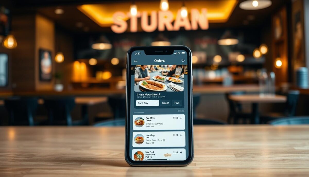 A sleek, modern online ordering system for a restaurant, featuring a stylish user interface on a tablet or smartphone screen. The foreground showcases the intuitive menu selection process, with high-quality food images and detailed descriptions. The middle ground depicts the secure payment gateway, instilling trust in the customer. The background blurs softly, highlighting the restaurant's branding and ambiance, creating a cohesive and visually appealing experience. Warm lighting and clean, minimalist design elements convey a sense of professionalism and efficiency, essential for a robust online ordering system that caters to the evolving needs of restaurants and their customers.