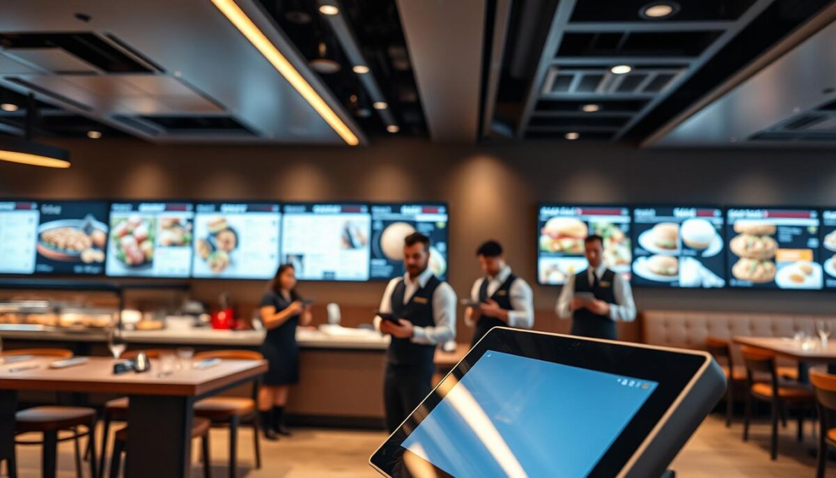 A sleek, modern restaurant with state-of-the-art technology. In the foreground, a touchscreen ordering kiosk with a minimalist design and intuitive user interface. Behind it, a team of servers carrying tablets, efficiently taking orders and managing the flow of service. In the middle ground, digital menus displayed on large, high-resolution screens, showcasing the restaurant's offerings in vivid detail. The background is illuminated by soft, ambient lighting, creating a warm and inviting atmosphere. The overall scene conveys a sense of efficiency, innovation, and a commitment to enhancing the dining experience through the seamless integration of technology.