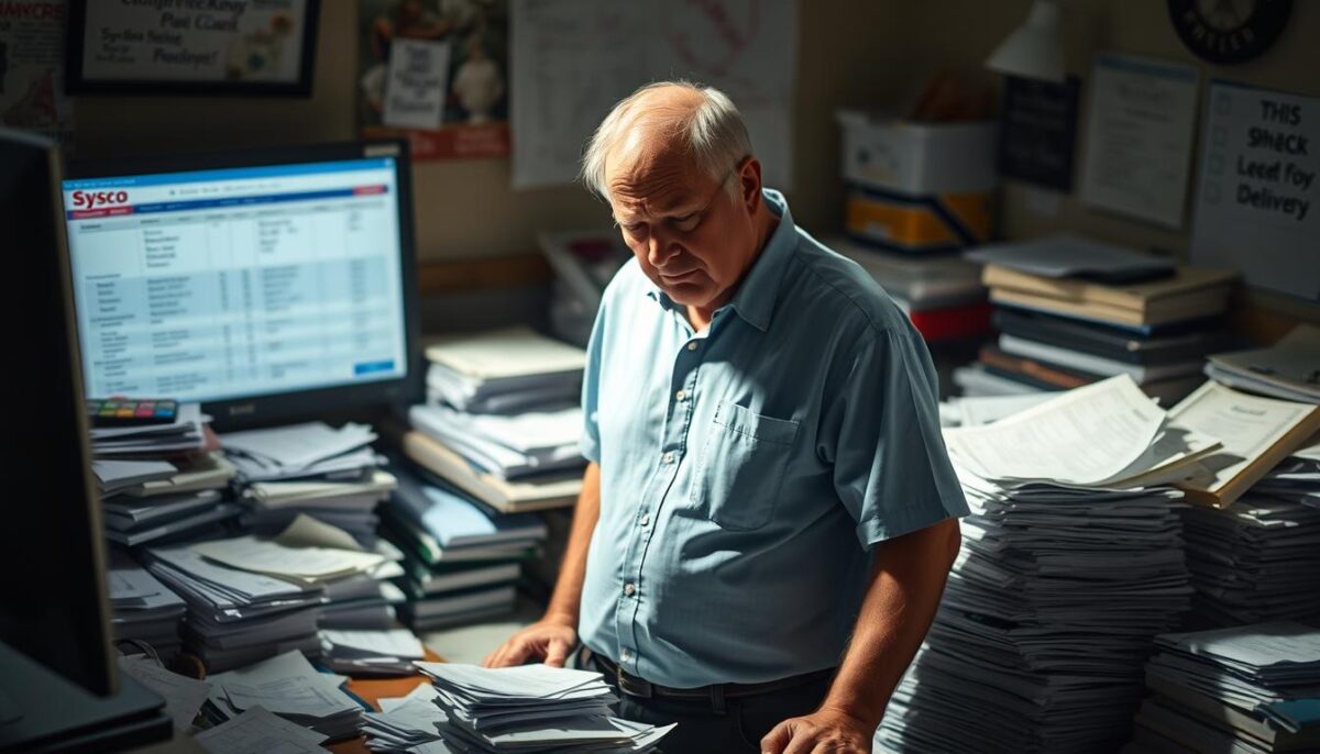 A small business owner, weary and frustrated, stands amidst a cluttered desk, surrounded by piles of paperwork and invoices from Sysco. The lighting is harsh, casting shadows that accentuate the tension in the scene. In the background, a blurred computer screen displays customer complaints, highlighting the digital burden these issues have caused. The overall mood is one of exasperation and a sense of being overwhelmed by the challenges posed by Sysco's hidden fees and delivery problems, which disproportionately impact this small enterprise.