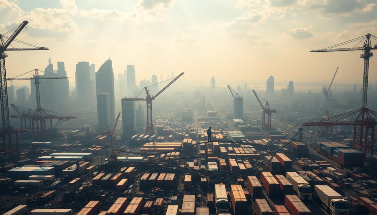 A sprawling cityscape, the horizon obscured by towering skyscrapers and cranes. In the foreground, a tangled web of supply chain disruptions – clogged ports, overflowing warehouses, and halted cargo trucks. The atmosphere is tense, with a sense of uncertainty and economic strain. Dramatic lighting casts long shadows, emphasizing the scale and complexity of the issue. The scene is captured from a low angle, conveying the overwhelming nature of the crisis. Vibrant colors and textures juxtapose the chaos, creating a visually striking and thought-provoking image.