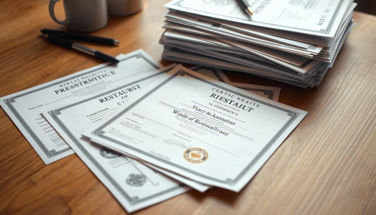 A stack of various restaurant permits, licenses, and certificates lying on a wooden desk. The documents are neatly organized, with a few stray pens and a coffee mug nearby, creating a professional and administrative atmosphere. Soft, even lighting illuminates the scene, casting gentle shadows and highlighting the texture of the wooden surface. The permits feature official seals, stamps, and signatures, conveying a sense of regulatory compliance and legal authorization for restaurant operations. The overall composition emphasizes the importance of proper documentation and adherence to specialized requirements for running a successful restaurant business.