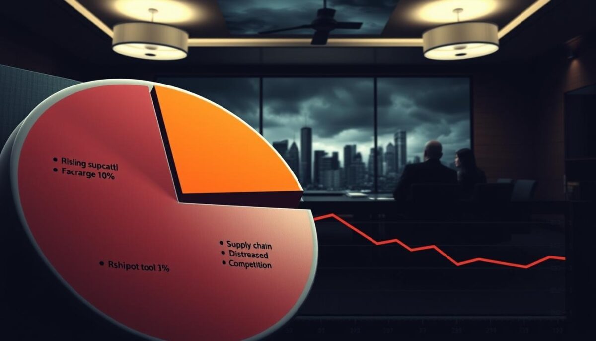 A striking financial chart depicting the economic challenges faced by US Foods, the leading food service distributor. In the foreground, a detailed pie chart shows the company's declining profit margins, with segments representing rising costs, supply chain disruptions, and increased competition. The middle ground features a gloomy cityscape, symbolizing the broader economic uncertainty. In the background, a dimly lit boardroom setting suggests strategic discussions as executives seek solutions to navigate these financial hurdles. The overall mood is one of concern and determination, with moody lighting and a somber color palette conveying the gravity of the situation.
