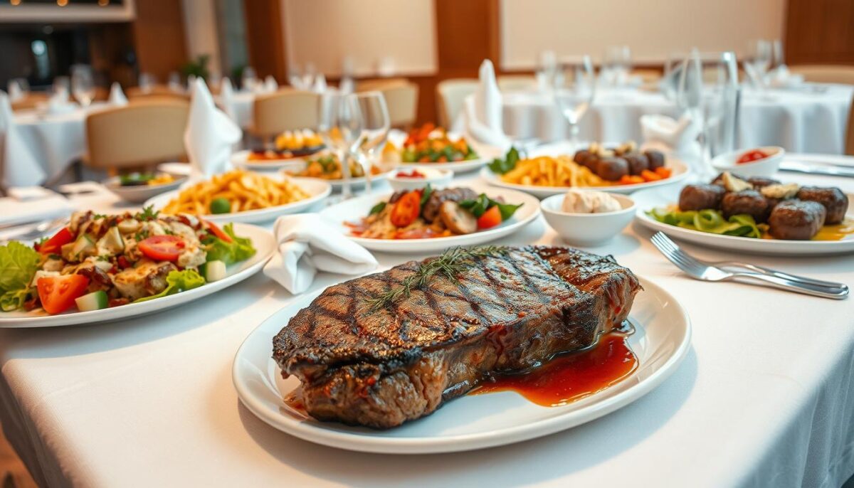 A sumptuous spread of freshly prepared gourmet dishes is presented on a white tablecloth, illuminated by soft, warm lighting and photographed from a low angle. In the foreground, a juicy, perfectly-seared steak is garnished with herbs and a drizzle of rich sauce. Surrounding it are artfully arranged plates of vibrant salads, perfectly al dente pasta, and decadent desserts. The middle ground features neatly folded linen napkins and gleaming silverware, while the background showcases a clean, elegant dining room with wooden accents. The overall scene conveys a sense of culinary excellence, attention to detail, and a commitment to providing an exceptional dining experience.