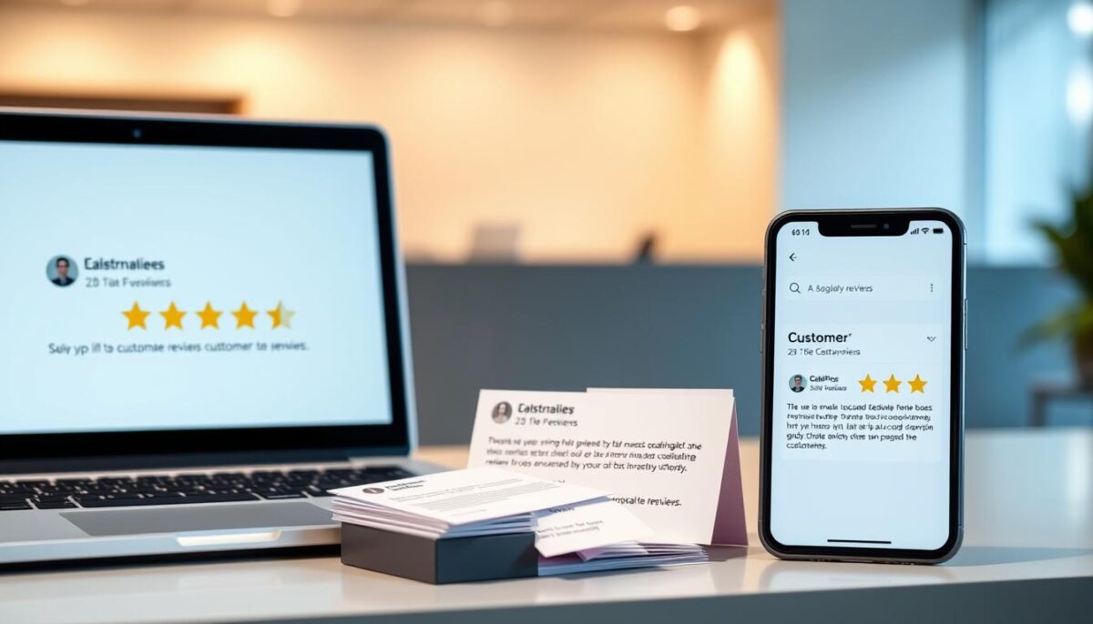 A vibrant, dynamic scene of customer reviews displayed on various digital devices against a sleek, modern background. In the foreground, a laptop, tablet, and smartphone showcasing positive, five-star customer testimonials in a clean, legible typeface. The middle ground features a tasteful selection of physical review cards and notes, neatly arranged on a minimalist desk or table. The background is a softly blurred, yet professional office setting, with subtle lighting accents highlighting the technological and analog elements. The overall mood is one of trust, credibility, and a commitment to excellent customer service.
