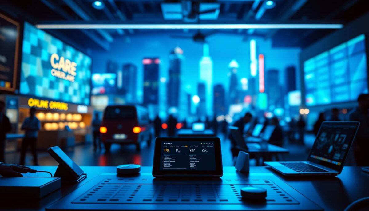 A vibrant, high-contrast scene depicting a digital online ordering system. In the foreground, a sleek, minimalist user interface with clean lines and intuitive controls, bathed in cool, blue-tinted lighting. The middle ground showcases a bustling, fast-paced backdrop of mobile devices, tablets, and laptops, all connected and syncing real-time order data. In the background, a blurred cityscape with skyscrapers and neon signs, conveying a sense of a competitive, technology-driven marketplace. The overall mood is one of efficiency, innovation, and the urgency to stay ahead of the curve in a rapidly evolving digital landscape.